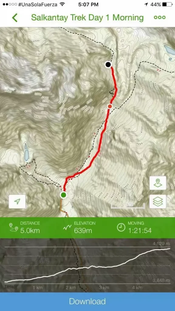 My Alltrails record of Salkantay Trek Day 1