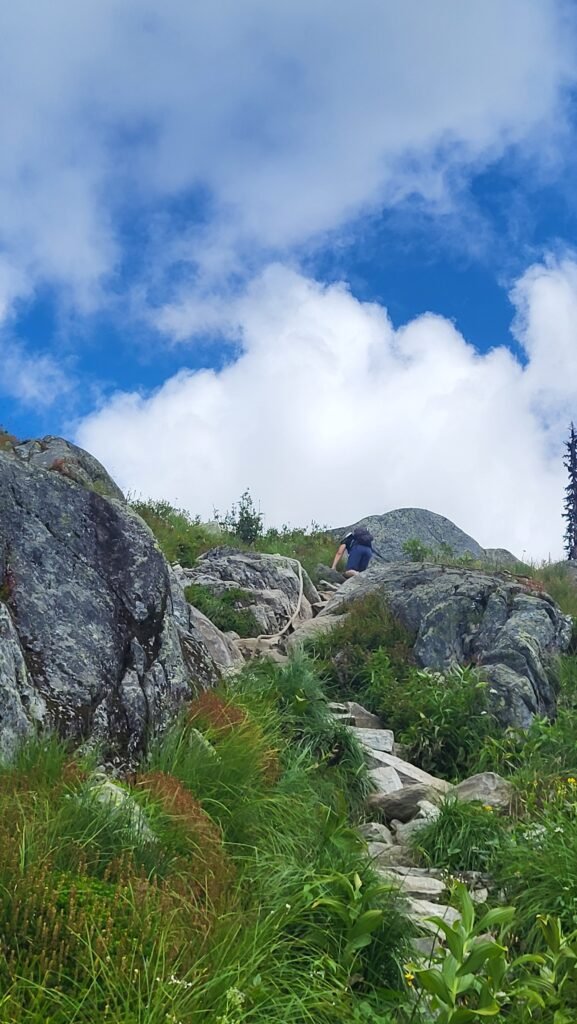 Steep rocky section of Hermit Trail with rope assist near the summit, Glacier National Park BC